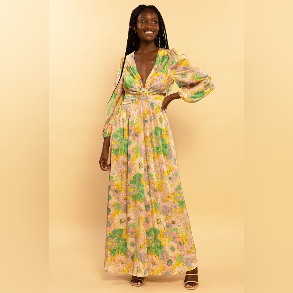 Pink and Green Floral Print Satin Cut Out Open Back Maxi Dress Size Medium